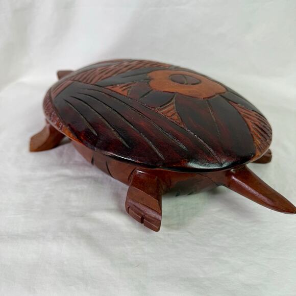 Wooden Turtle Tortoise Hand Carved Trinket Box Bowl Removeable Lid Floral - Picture 2 of 8